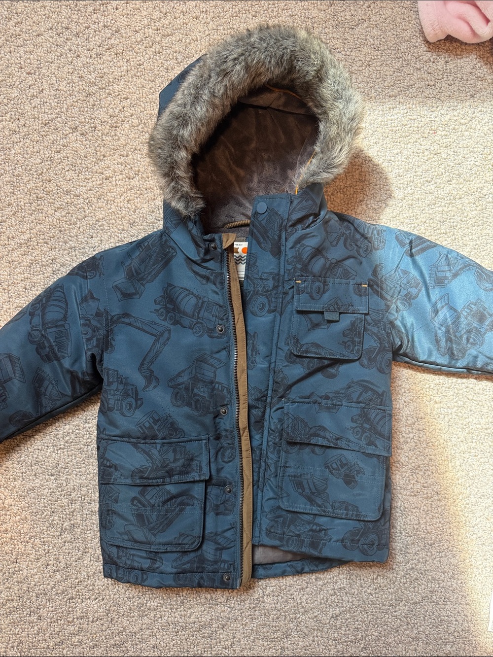 next Navy Printed Puffer Jacket with Faux-Fur Hood